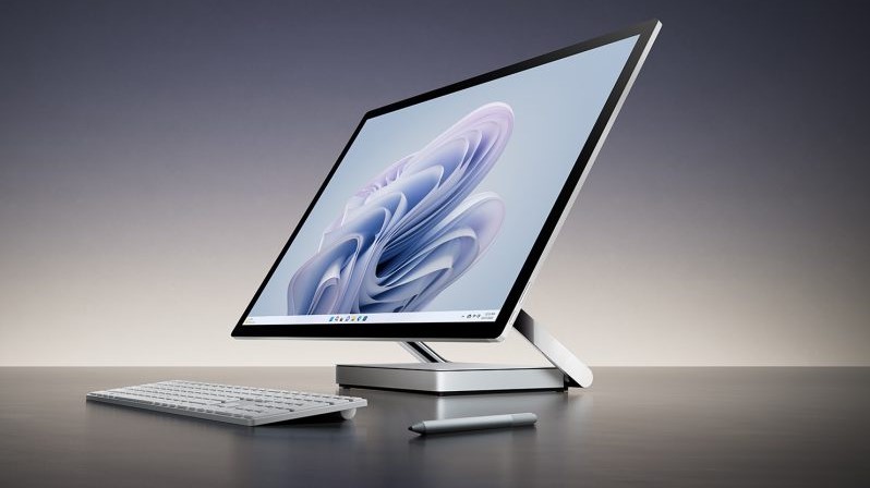 Computador all-in-one Microsoft Surface Studio com tela inclinada exibindo papel de parede azul e lilás, teclado branco e caneta stylus sobre a mesa