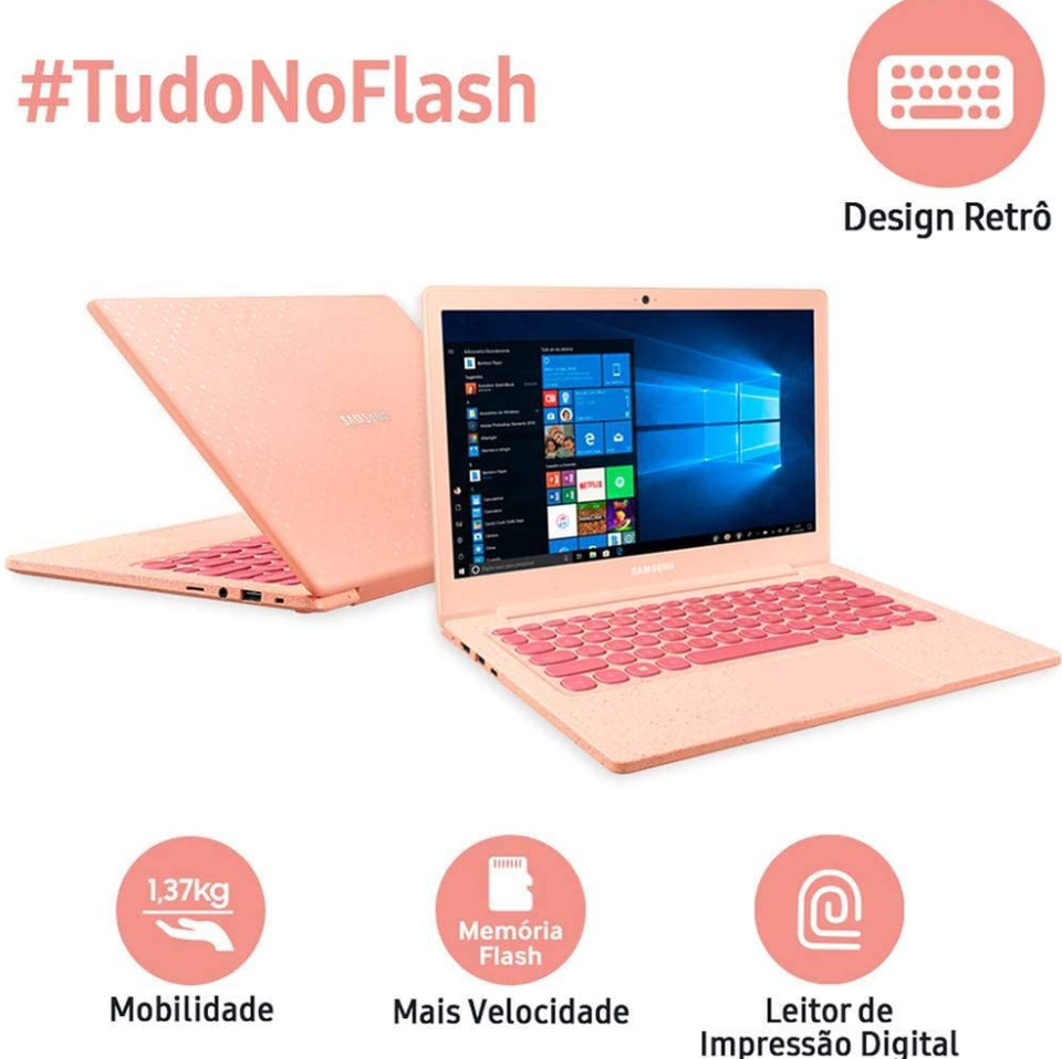 Notebook Samsung rosa com teclado colorido e tela exibindo Windows 10, com banners "#TudoNoFlash", "Design Retrô", "Mobilidade", "Mais Velocidade" e "Leitor de…
