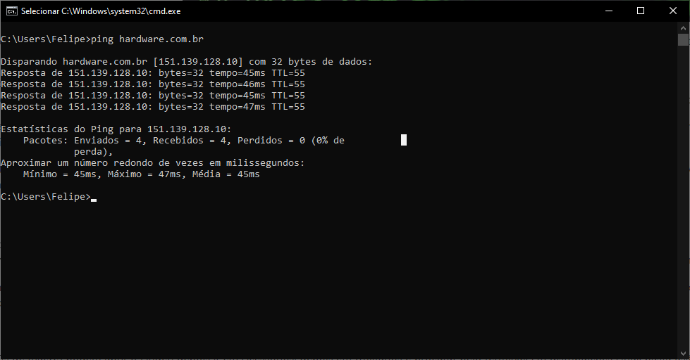 Captura de janela do Prompt de Comando do Windows com o comando ping hardware.com.br, mostrando quatro respostas de cerca de 45 ms e perda de 0%