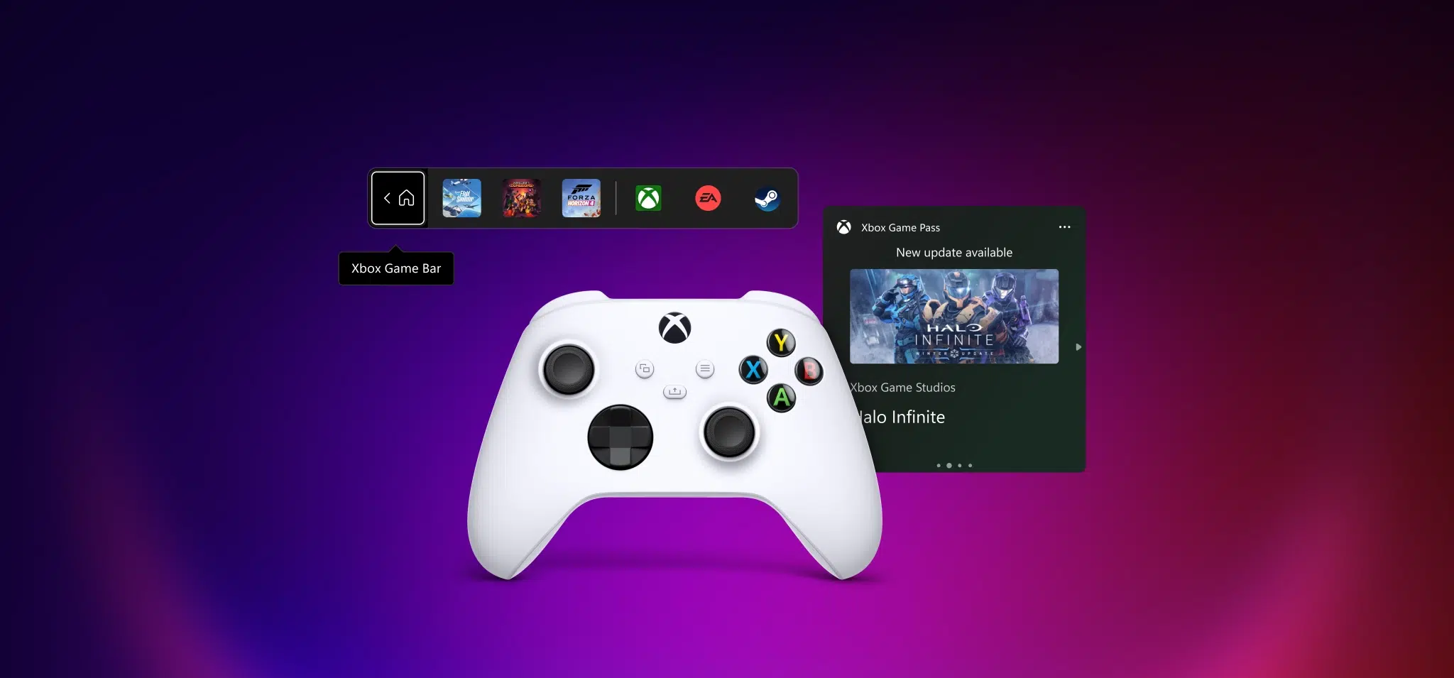 Controle branco do Xbox Series diante de telas do Xbox Game Bar e do Xbox Game Pass com a atualização de Halo Infinite