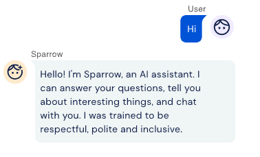 Captura de tela de um chat em que o usuário diz "Hi" e o assistente Sparrow se apresenta em inglês como uma IA que responde perguntas e conversa Obs: removendo…