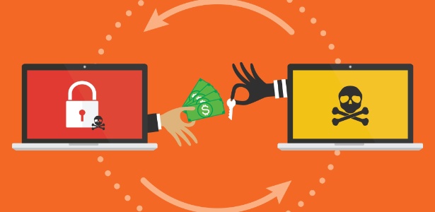 Ilustração de ransomware: laptop com cadeado e caveira à esquerda, mão com cédulas de dinheiro trocando chave com mão pirata no laptop da direita