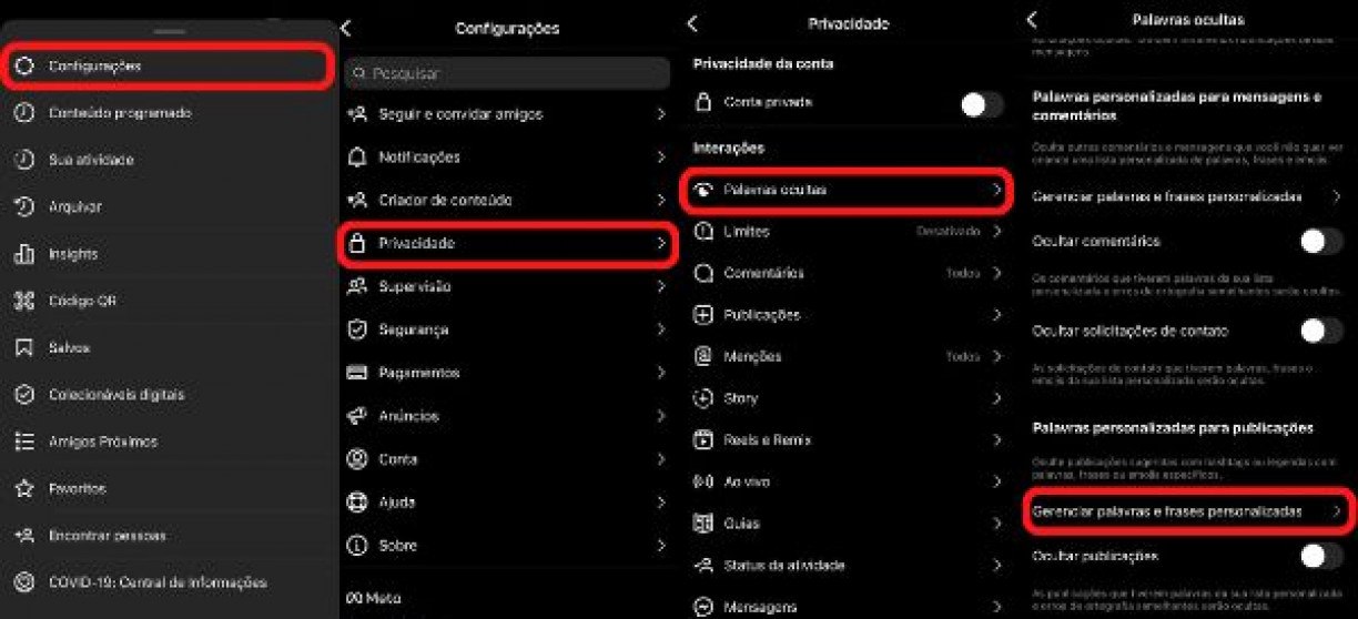 Quatro capturas de tela do Instagram mostrando o caminho em Configurações, Privacidade, Palavras ocultas e Gerenciar palavras personalizadas, com os itens dest…