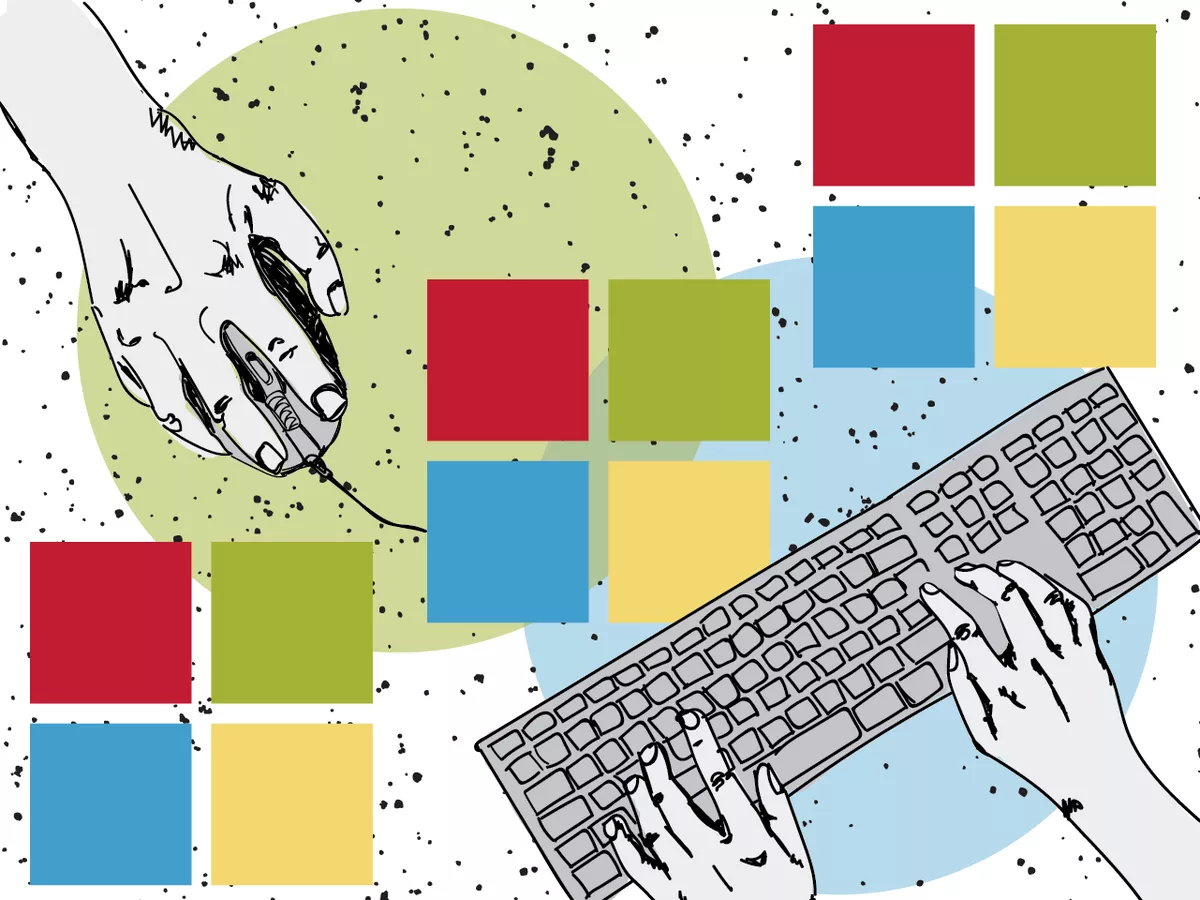 Ilustração de mãos usando mouse e teclado sobre quadrados coloridos em vermelho, verde, azul e amarelo, lembrando o logo da Microsoft