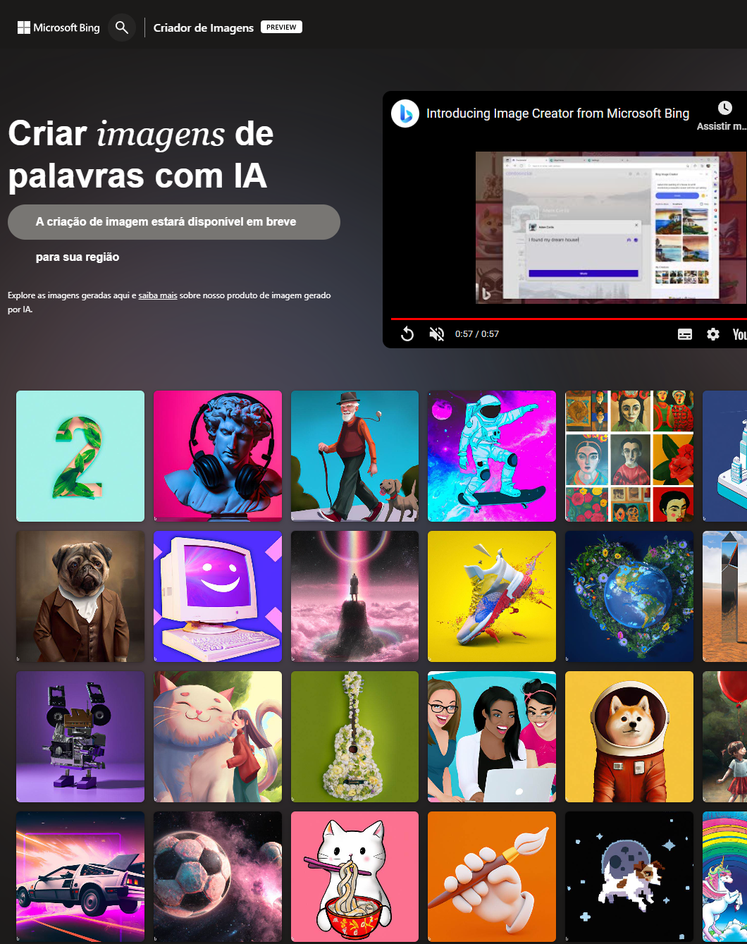 Captura de tela da página Criador de Imagens do Microsoft Bing, com galeria de imagens geradas por IA e vídeo de apresentação