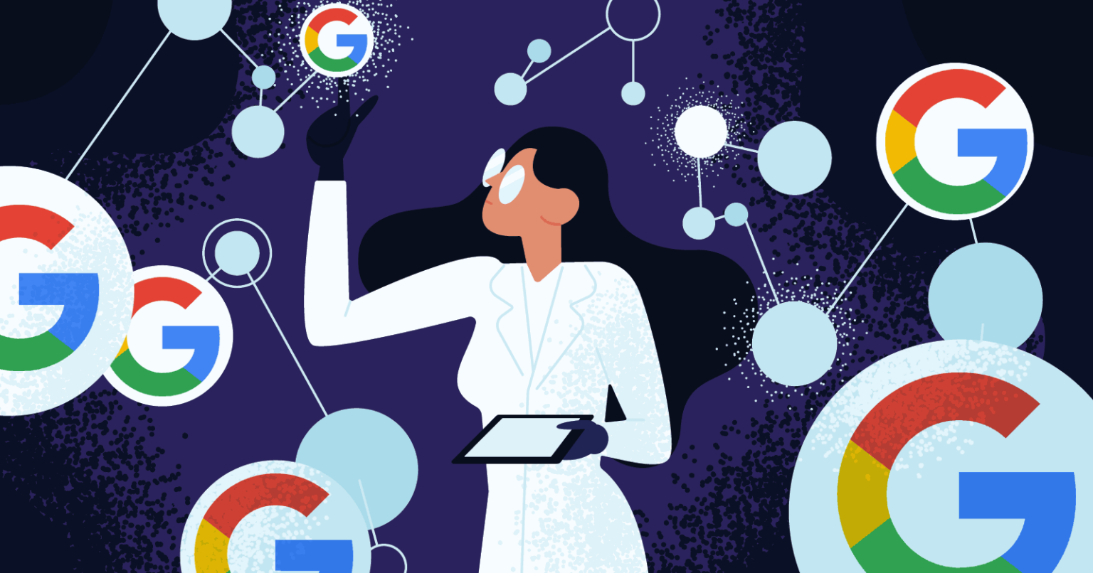 Ilustração de uma mulher de jogo de cabelos longos e jaleco branco segurando um tablet, cercada por logotipos do Google e redes de bolinhas conectadas em fundo…