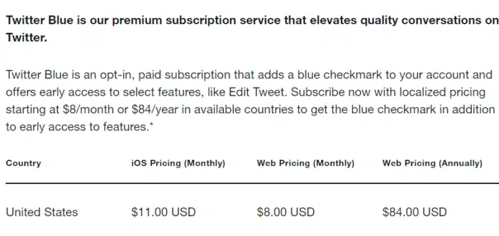 Captura de página do Twitter Blue com texto explicando a assinatura e tabela de preços por plataforma nos EUA: iOS mensal US$ 11, web mensal US$ 8 e web anual…