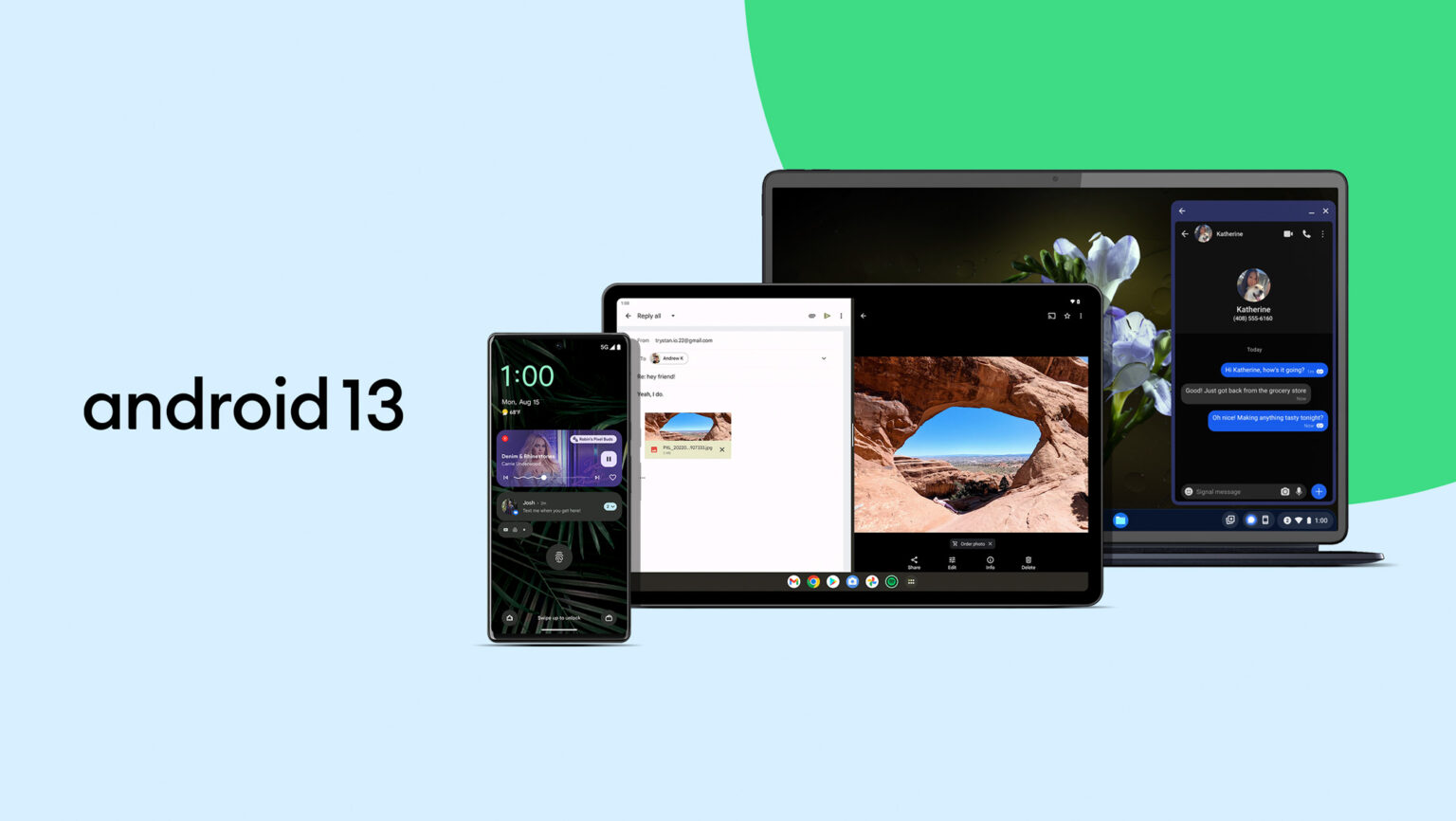 Logotipo do Android 13 ao lado de smartphone, tablet e notebook exibindo a interface do sistema com mensagens e fotos
