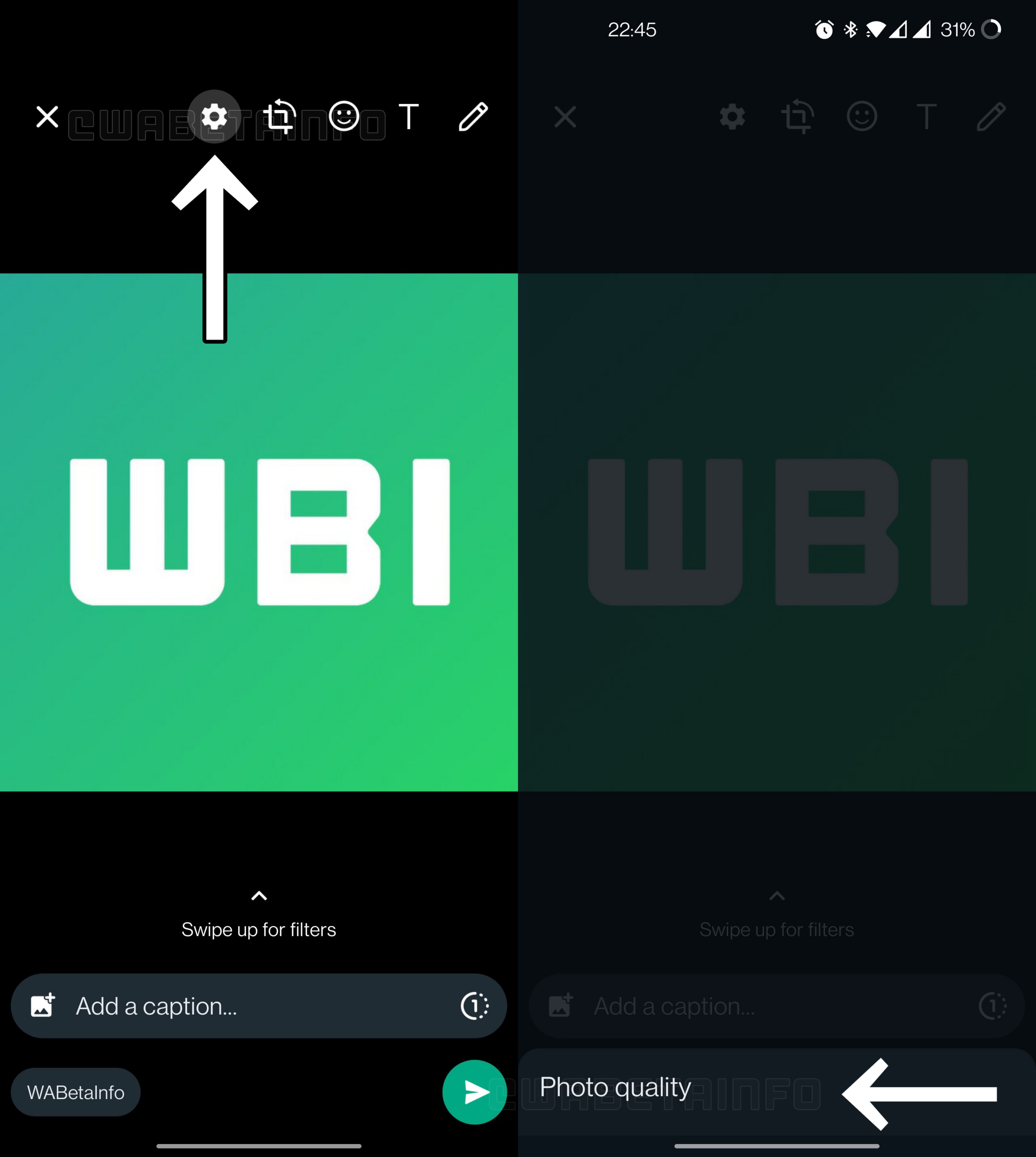 Duas capturas de tela do editor de fotos do WhatsApp no Android mostram um ícone de engrenagem destacado por seta e a opção "Photo quality" no menu