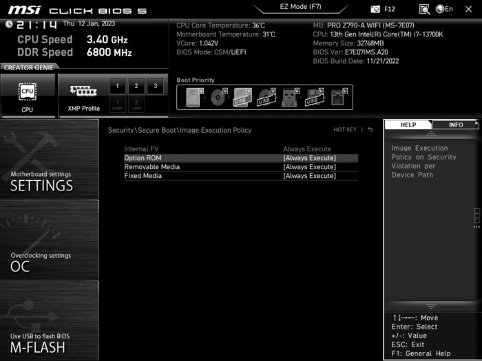 Tela do MSI Click BIOS 5 mostrando Secure Boot com Image Execution Policy definida como Always Execute para Option ROM, Removable Media e Fixed Media