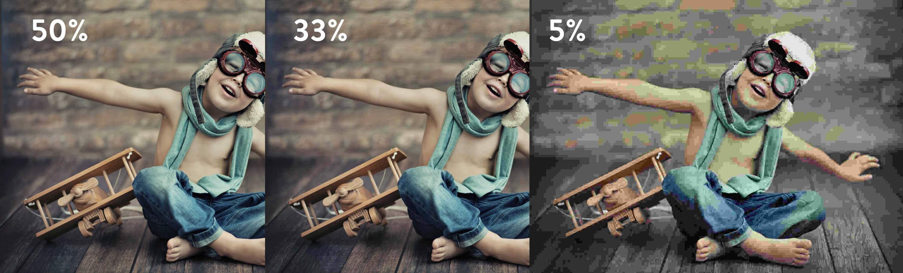 Três versões da mesma foto de criança com óculos de aviador e um avião de madeira, com qualidade reduzida de 50%, 33% e 5%
