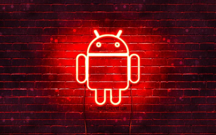 Logotipo do Android em neon vermelho, com a silhueta do robô verde em contorno luminoso sobre parede de tijolos vermelha