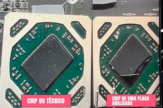 Comparação lado a lado de dois chips de GPU soldados em placas de vídeo, com legendas em rosa: "Chip do técnico" e "Chip de uma placa analisada