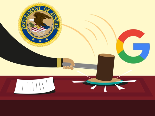 Ilustração de um martelo de juiz sobre uma mesa, com o selo do Departamento de Justiça dos EUA e o logo do Google ao lado, representando o processo antitruste
