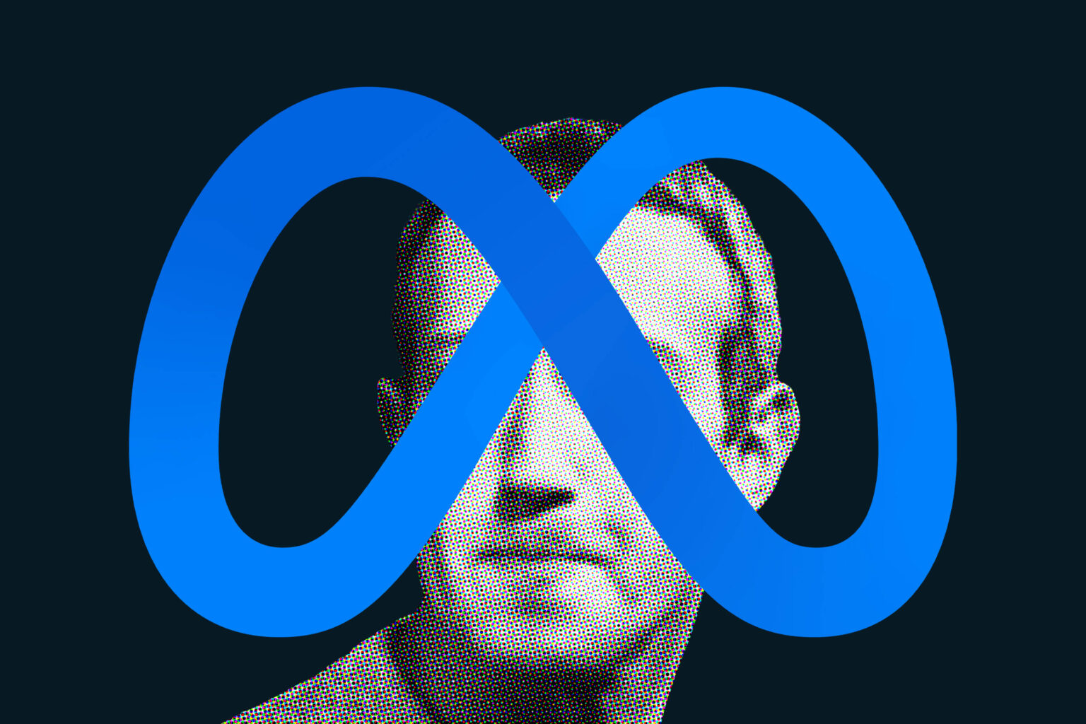 Logotipo azul da Meta, em formato de infinito, sobreposto ao rosto em preto e branco de um homem sobre fundo escuro
