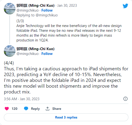 Captura de postagem do analista Ming-Chi Kuo no Twitter prevendo queda de 10-15% nas remessas de iPad em 2023 e iPad dobrável em 2024