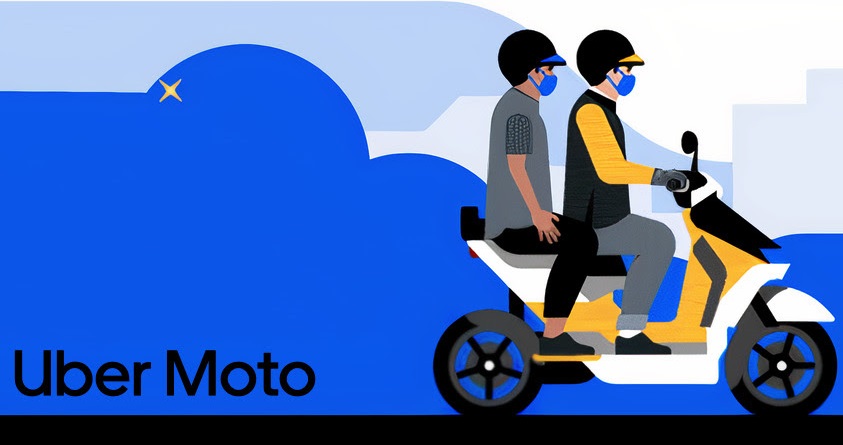 Ilustração de dois passageiros de capacete e máscara andando de moto amarela e branca, com o logotipo Uber Moto em destaque