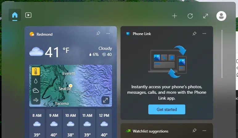 Painel de widgets do Windows 11 mostrando previsão do tempo em Redmond, 41 °F, e o widget Phone Link com botão Get started
