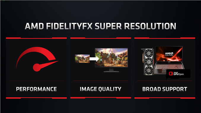 Slide da AMD com o título "AMD FidelityFX Super Resolution" e três cards: Performance (velocímetro), Image Quality (imagem em baixa resolução ampliada para alt…
