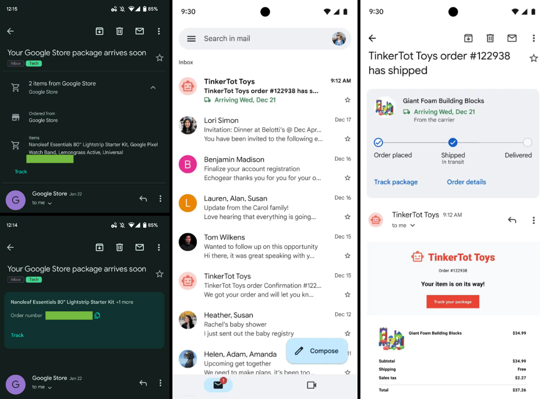 Três telas do app Gmail no Android mostrando e-mails de rastreamento de encomendas da Google Store e da TinkerTot Toys, com status de entrega e botão para acom…