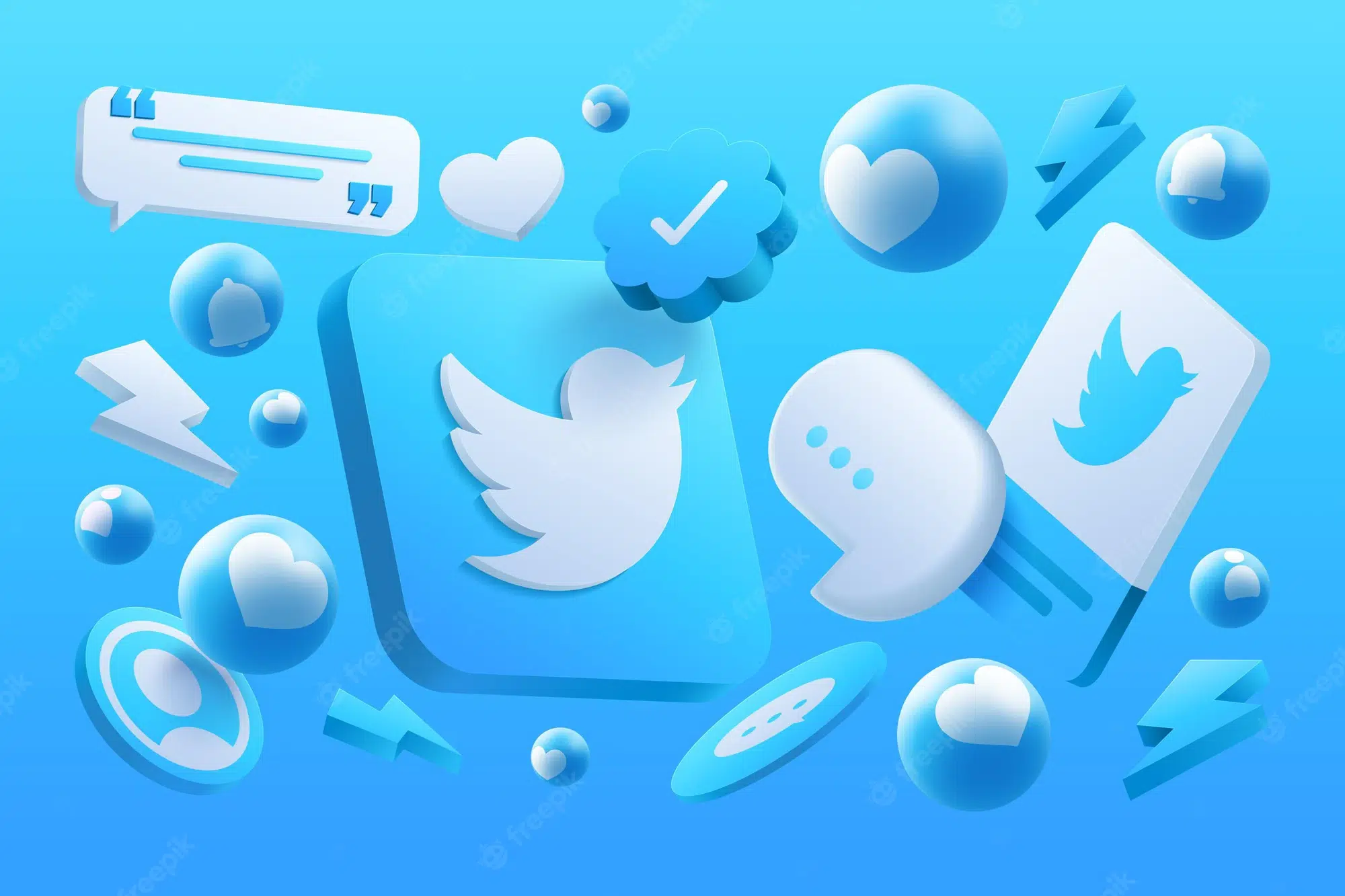 Ícones 3D do Twitter em azul, com o logo do pássaro, selo de verificação, balões de mensagem, coração, sino e raios sobre fundo azul claro
