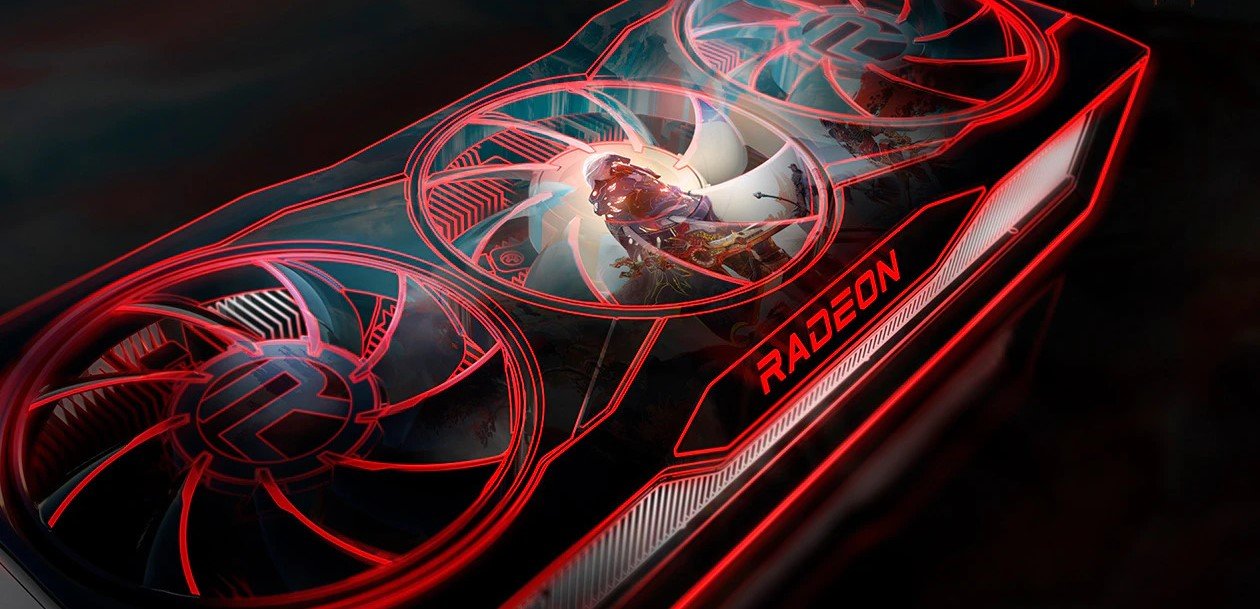 Placa de vídeo AMD Radeon com iluminação vermelha, dois coolers e o logo Radeon visível na lateral do cartão