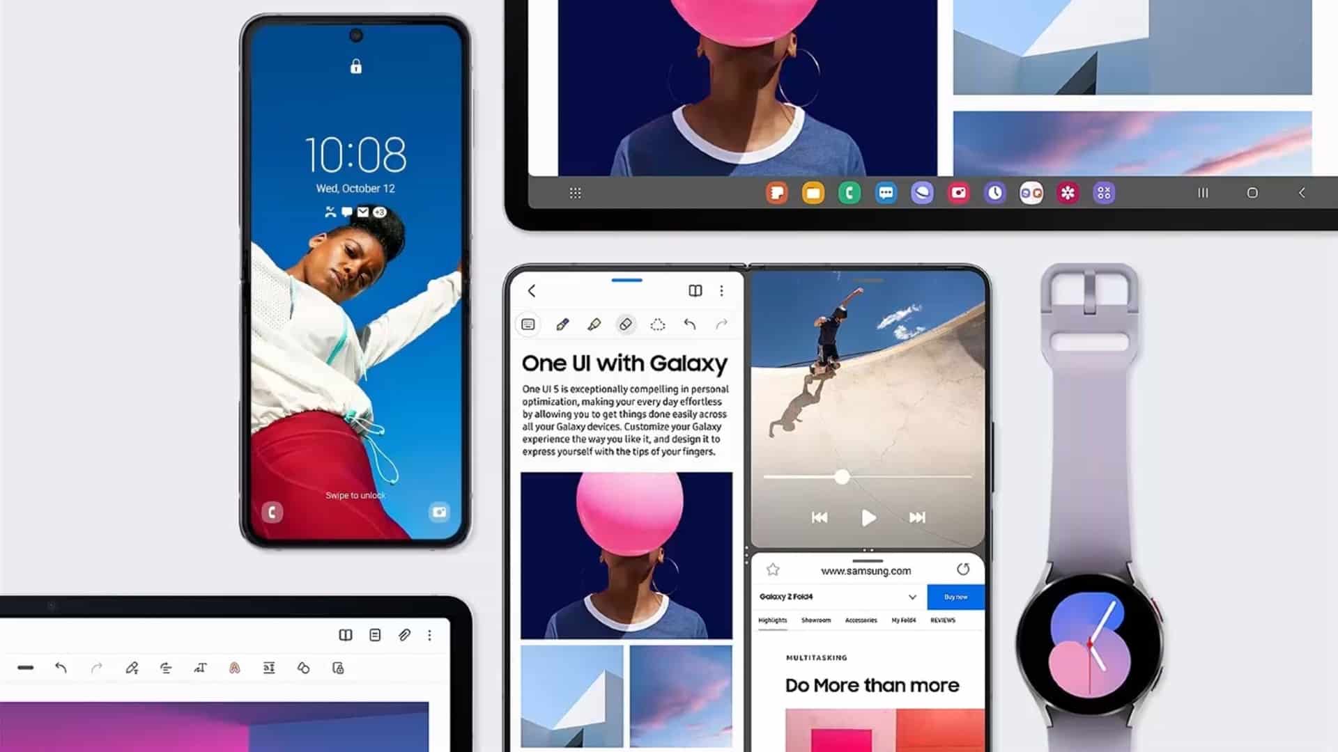Família de dispositivos Samsung Galaxy com smartphone, tablet, dobrável e smartwatch exibindo a interface One UI 5 com Galaxy