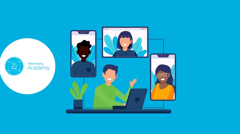 Ilustração de um homem com laptop em videochamada com três participantes em telas de celular e computador, com logo da Cisco Networking Academy de 25 anos
