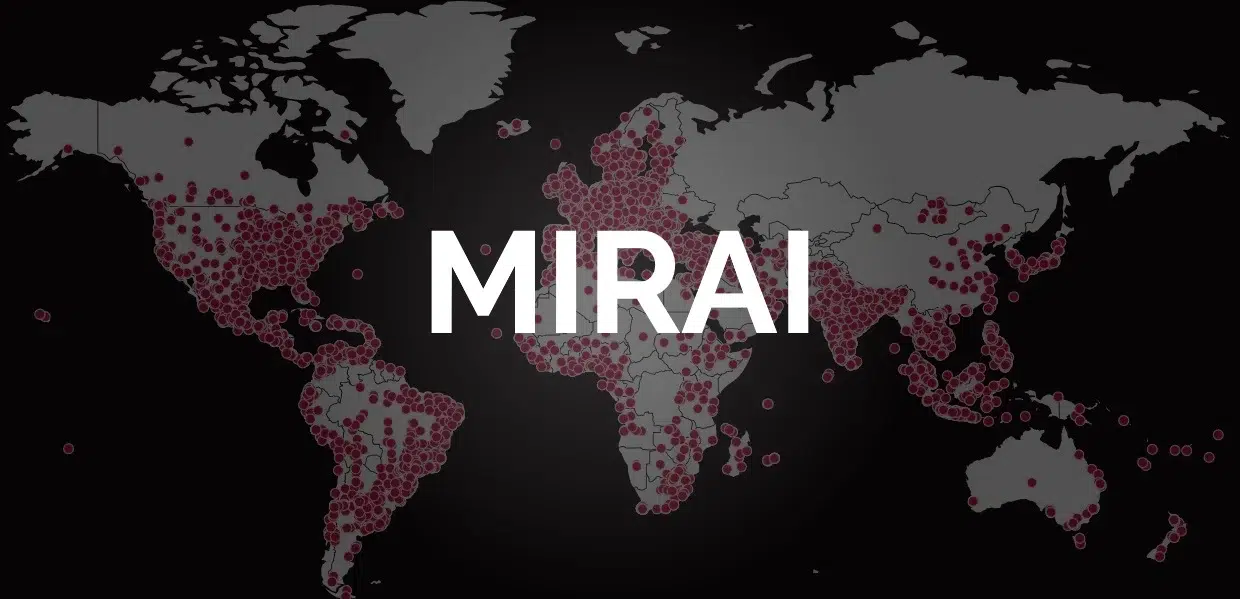 Mapa-múndi escuro com pontos vermelhos espalhados pelo planeta e o texto "MIRAI" em destaque, ilustrando a distribuição global da botnet