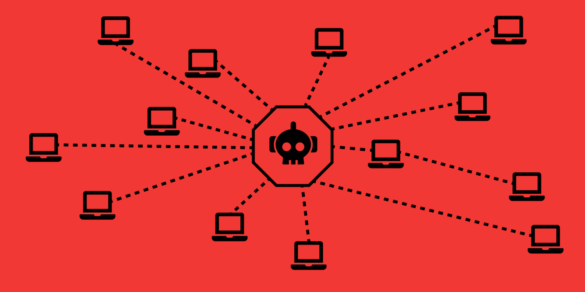Diagrama com vários notebooks ligados por linhas pontilhadas a um octógono central vermelho com ícone de caveira, ilustrando uma rede de dispositivos infectado…