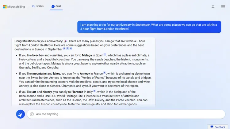 Captura de tela do chat do Bing com resposta em inglês sobre viagens a partir de Londres Heathrow para setembro, sugerindo Málaga, Annecy e Florença