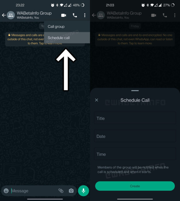 Duas telas do WhatsApp para Android mostrando o menu do grupo com a opção Schedule call e o formulário para agendar chamada com título, data e hora