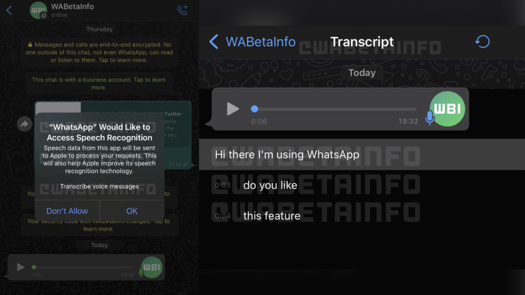 Captura de tela do WhatsApp Beta para iOS mostrando o pedido de permissão para reconhecimento de voz e a transcrição de um áudio de 6 segundos em texto