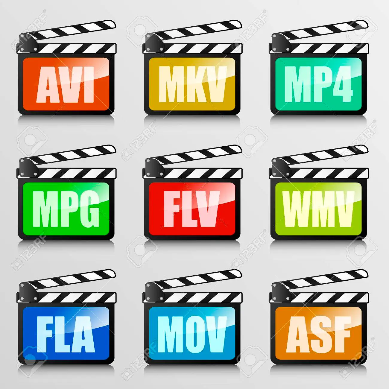 Nove claquetes de cinema ilustradas, cada uma com um formato de vídeo impresso: AVI, MKV, MP4, MPG, FLV, WMV, FLA, MOV e ASF