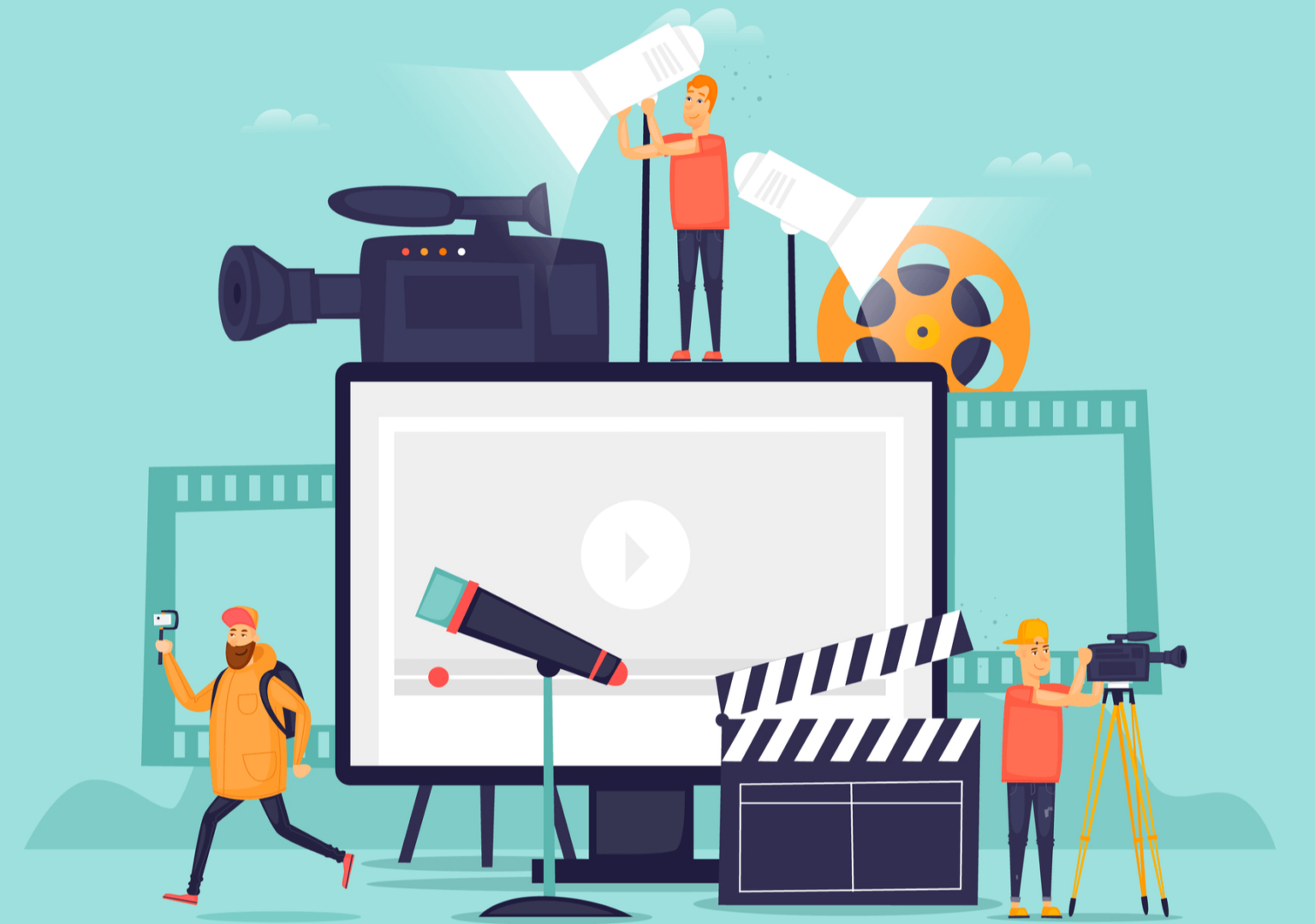 Ilustração de produção de vídeo com câmera, claquete, microfone, monitor com botão de play e pessoas trabalhando em tom teal e laranja