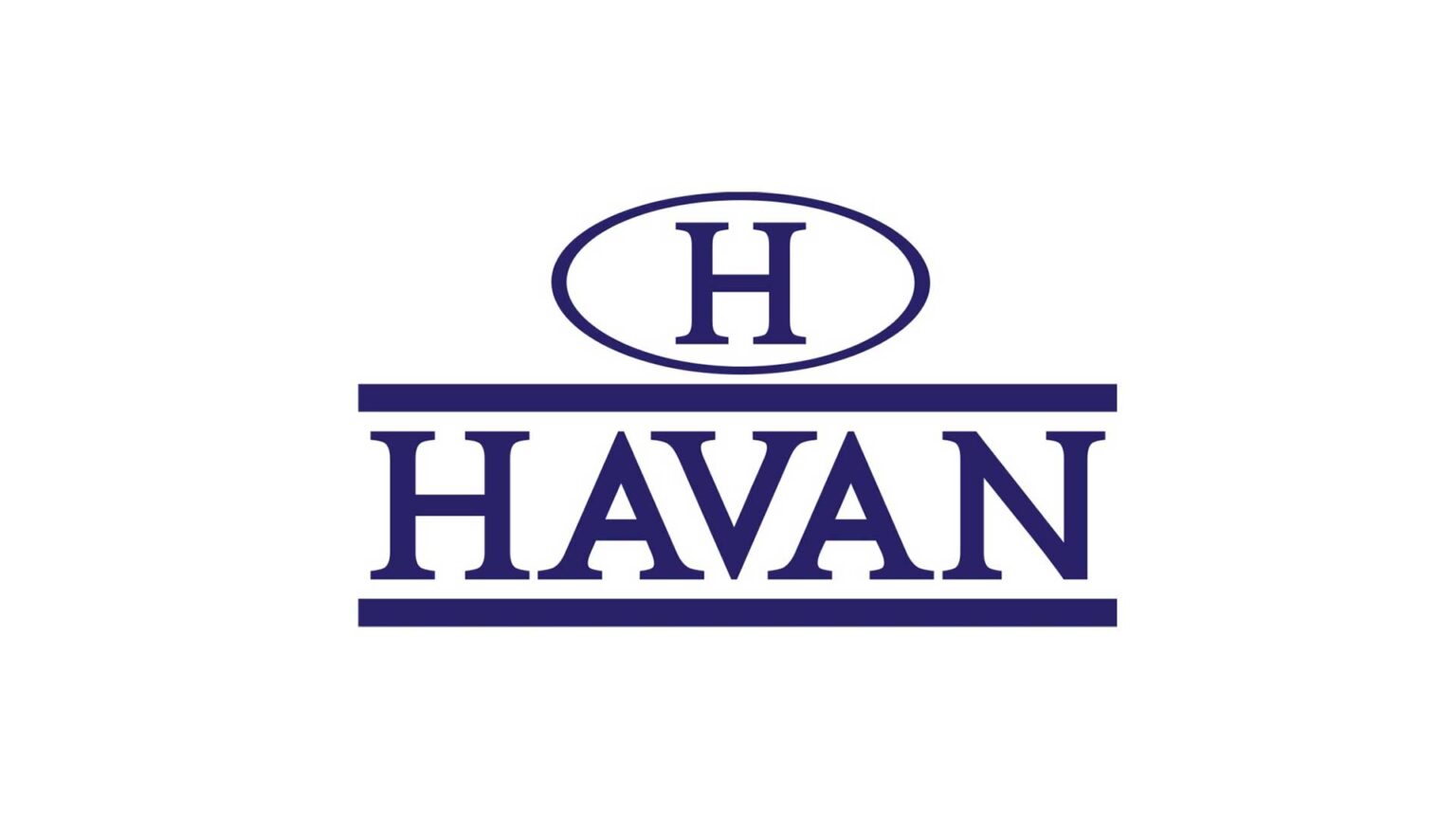 Logotipo da Havan em azul-marinho sobre fundo branco, com um H dentro de uma elipse acima do nome da loja