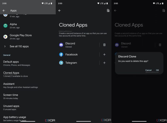Três capturas de tela do Android mostrando a função de apps clonados: lista de apps clonados com Discord, Facebook e Telegram, e a caixa para excluir o Discord…