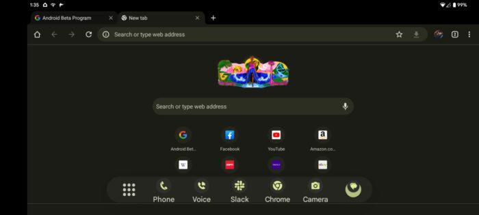 Captura de tela do navegador Chrome no Android em modo escuro, mostrando nova aba com atalhos para Facebook, YouTube, Amazon e barra de tarefas inferior com Ph…