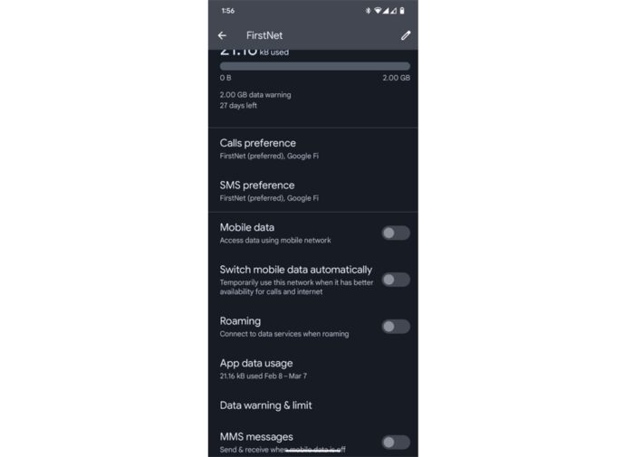 Captura de tela das configurações de rede móvel FirstNet no Android, com opções de dados móveis, roaming e preferências de chamadas e SMS desativadas