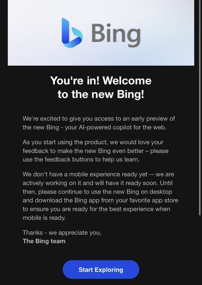 E-mail de boas-vindas do novo Bing com logo da Microsoft, texto "You're in! Welcome to the new Bing!" e botão Start Exploring