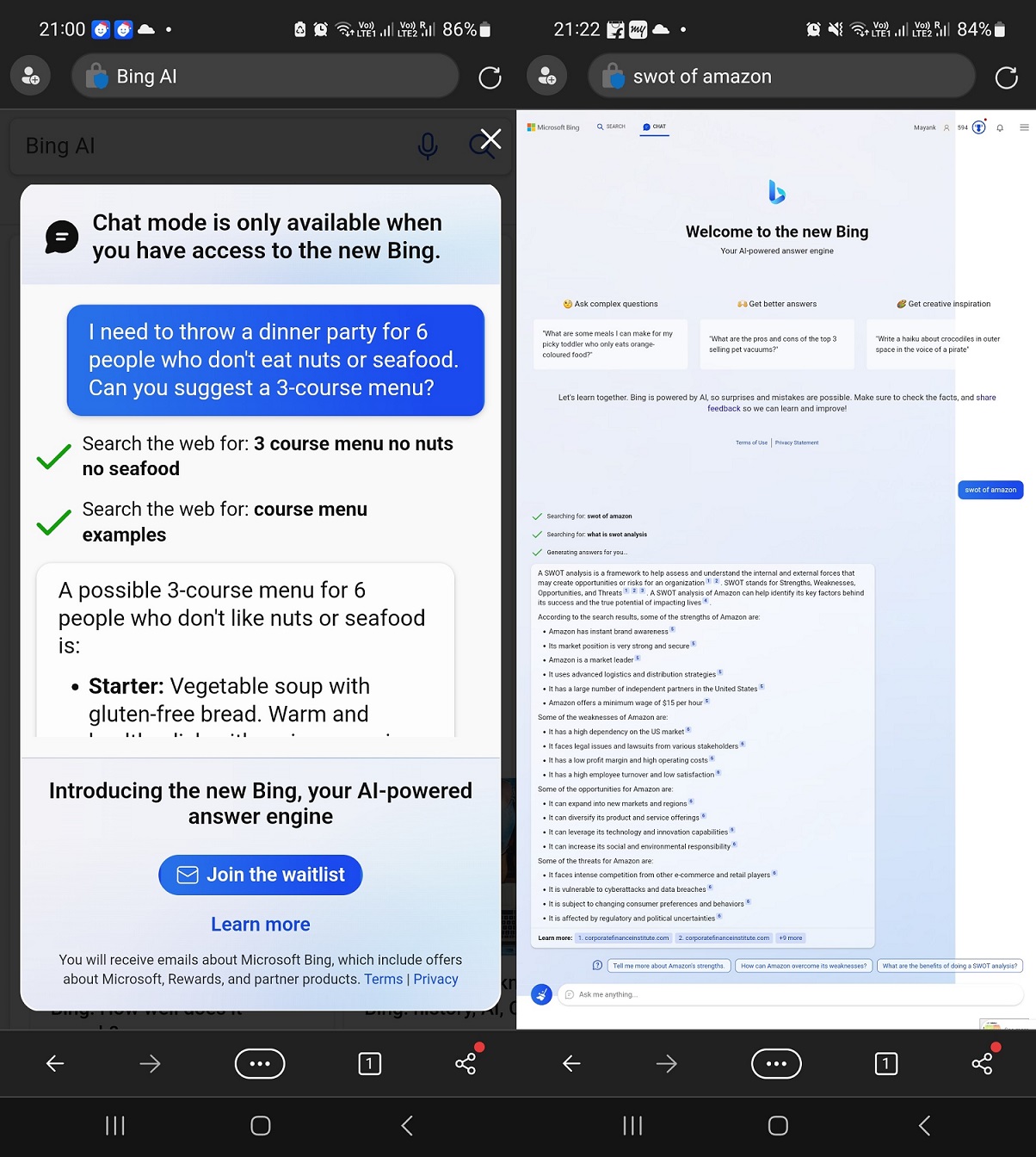 Duas capturas de tela de smartphone do Bing AI: à esquerda, aviso de modo chat com lista de espera; à direita, resposta do novo Bing com análise SWOT da Amazon