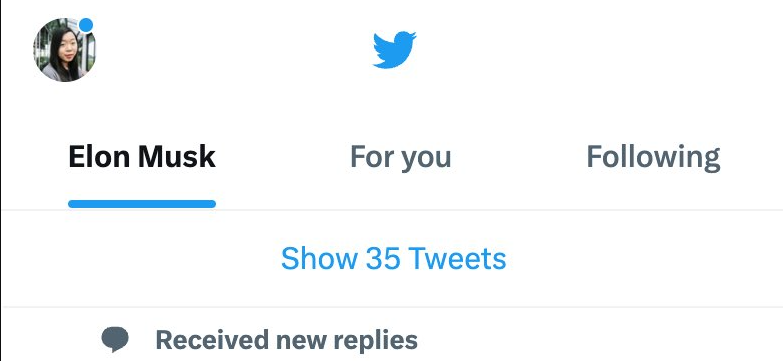 Captura de tela do app do X mostrando abas "Elon Musk", "For you" e "Following", com o botão "Show 35 Tweets" e a notificação "Received new replies