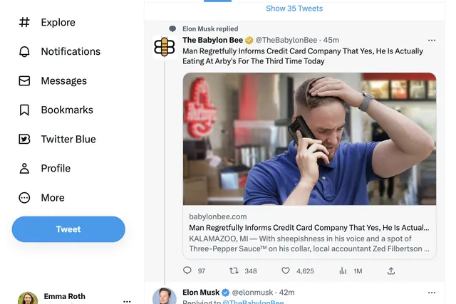 Captura de tela do X mostrando um tweet da conta satírica The Babylon Bee com manchete sobre um homem que almoça no Arby's pela terceira vez, com foto de um ho…