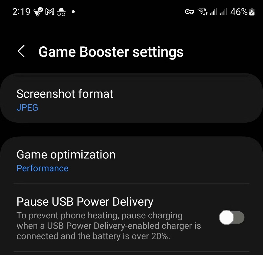 Captura de tela do menu Game Booster settings de um Samsung Galaxy, mostrando formato de captura JPEG, otimização de jogos em Performance e a opção Pause USB P…