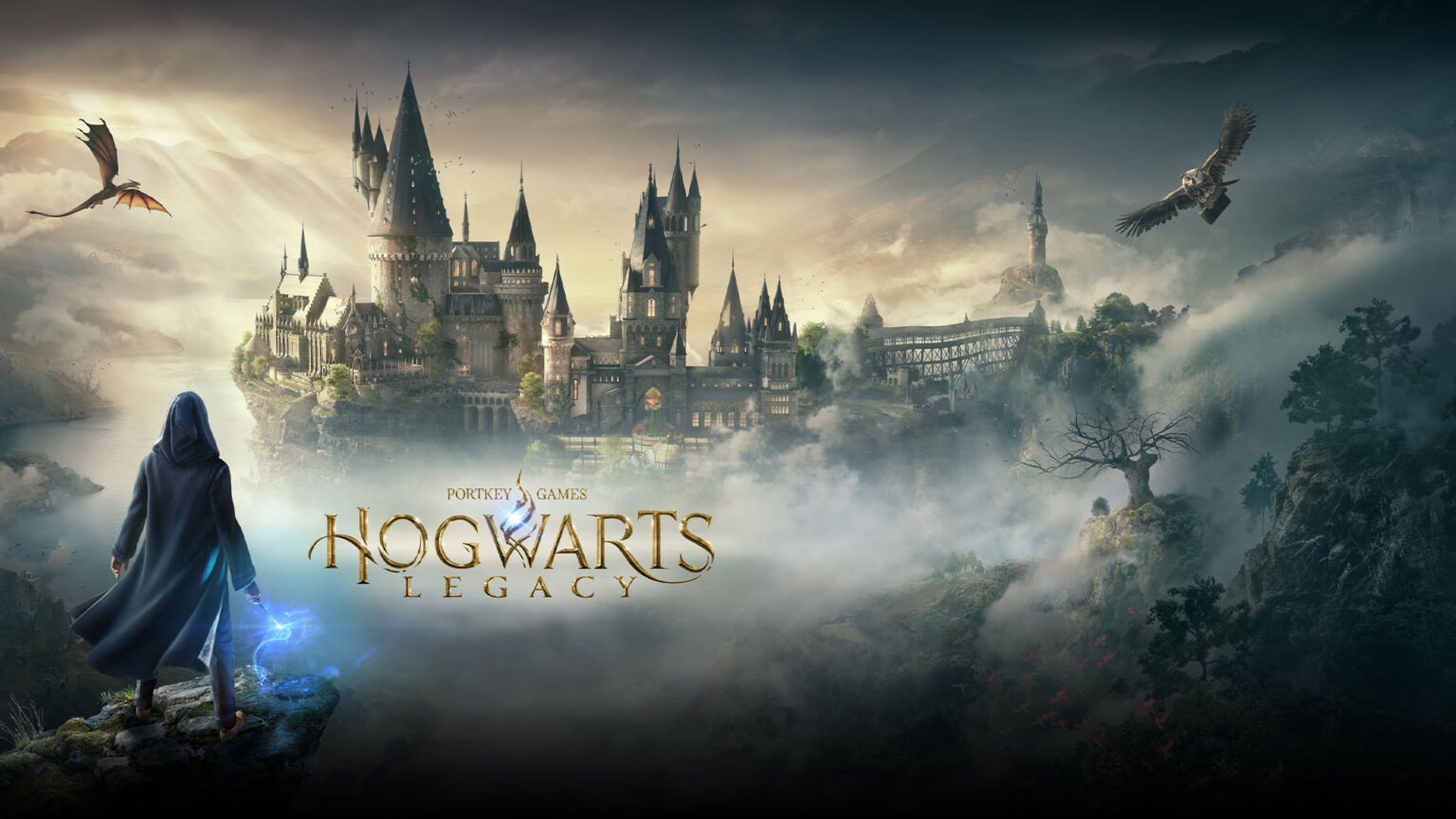 Arte oficial de Hogwarts Legacy com o castelo de Hogwarts sobre névoa, um bruxo de capa com varinha brilhante na frente e dragão e águia no céu, logo do jogo n…