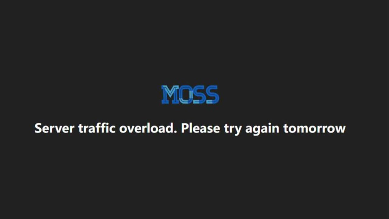 Captura de tela do chatbot MOSS exibindo a mensagem em inglês "Server traffic overload. Please try again tomorrow" sobre fundo escuro