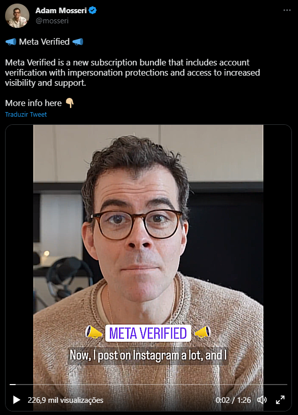 Print de postagem no X de Adam Mosseri, chefe do Instagram, mostrando vídeo de um homem de óculos falando sobre o Meta Verified com legenda "META VERIFIED