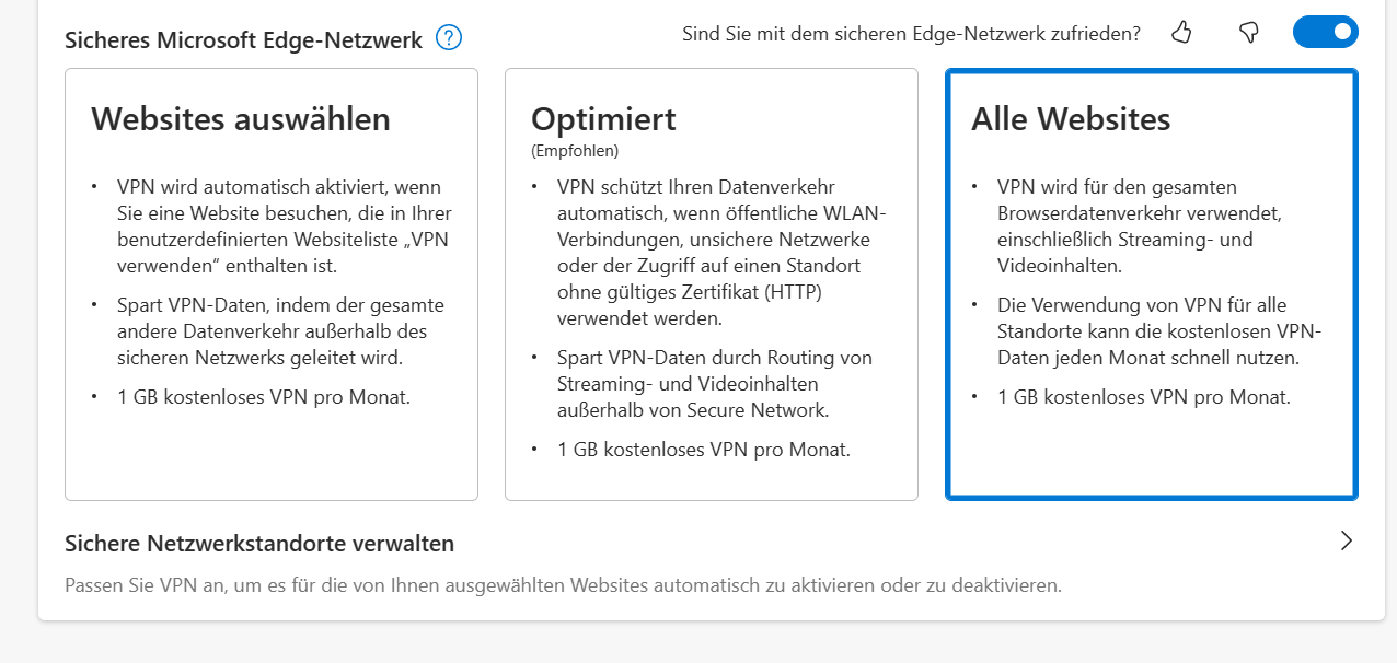 Captura de tela do Microsoft Edge mostrando as três opções do Secure Network (VPN): Websites auswählen, Optimiert (recomendado) e Alle Websites Nota: a interfa…