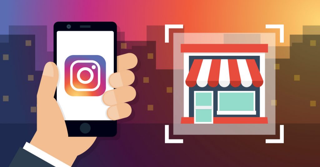 Ilustração de uma mão segurando um smartphone com o logo do Instagram na tela, ao lado de um ícone de loja com toldo listrado dentro de um quadro de foco