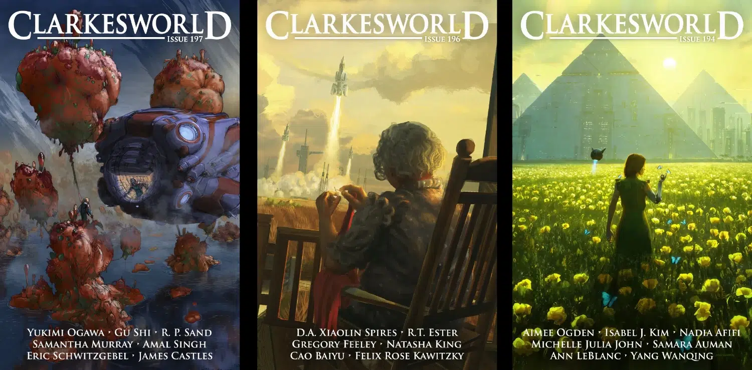 Três capas da revista de ficção científica Clarkesworld, edições 197, 196 e 194, com ilustrações de robôs, figura sentada e campo de flores com pirâmides ao fu…
